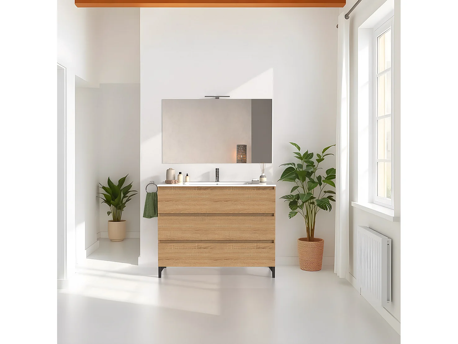 Mobile bagno a terra 120 cm in legno color rovere americano con lavabo,specchio e led I Made in Italy