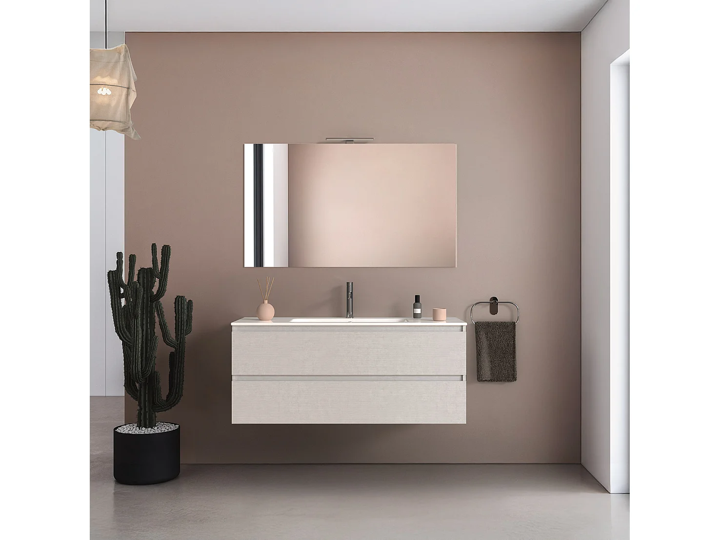 Mobile bagno sospeso 120 cm in legno color bianco frassino con lavabo, specchio e faretto a led I Made in Italy