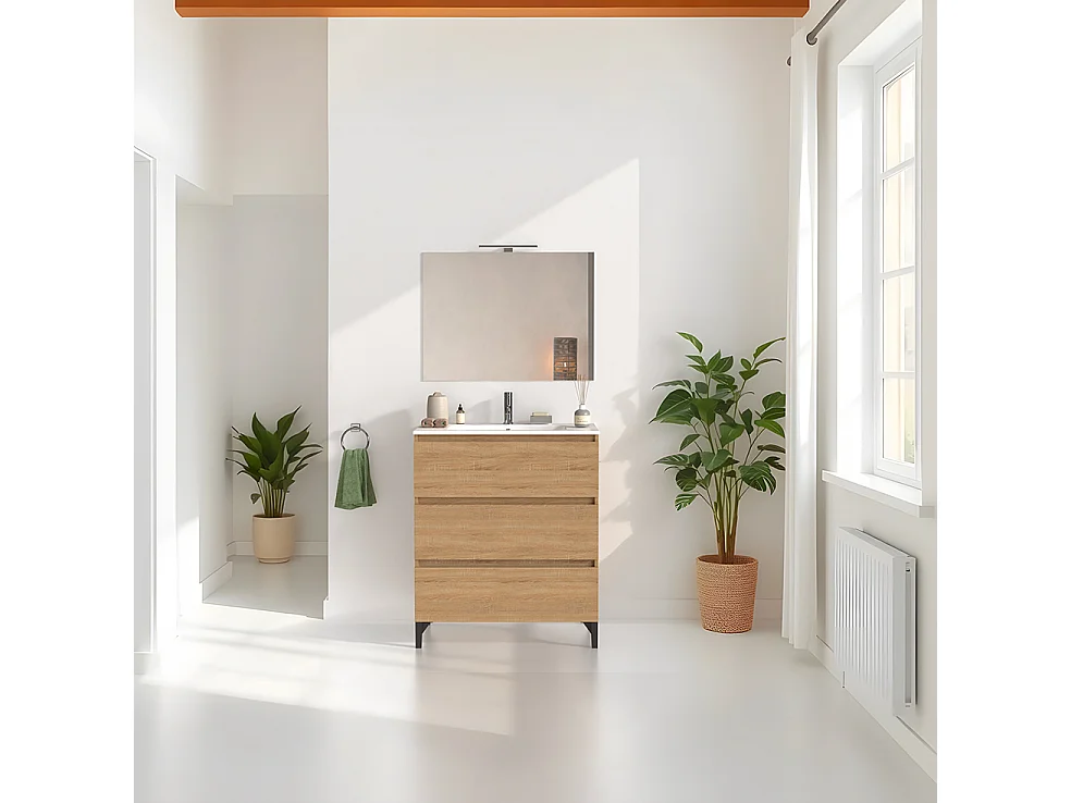 Mobile bagno a terra 90 cm in legno color rovere americano con lavabo,specchio e led I Made in Italy