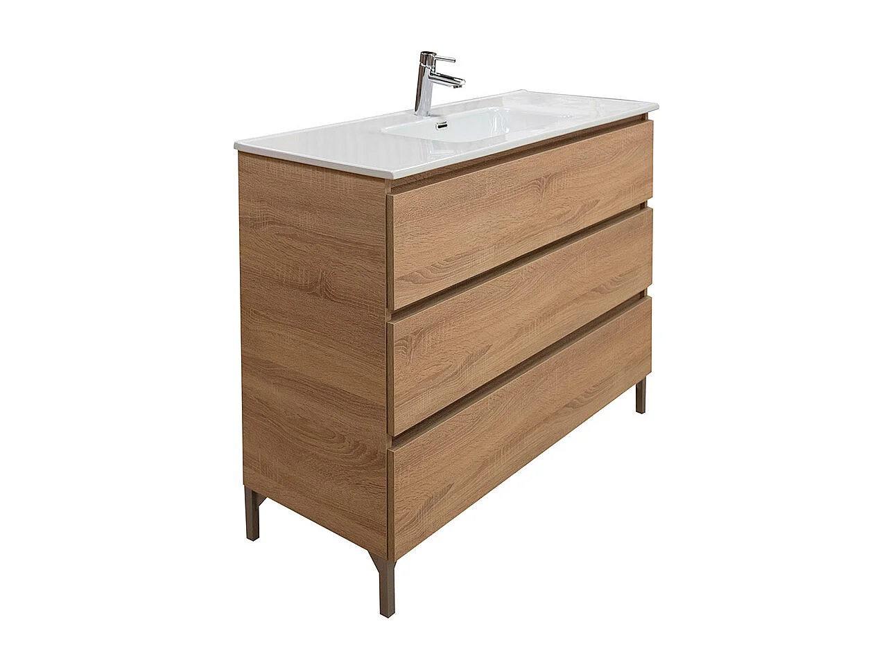 Mobile bagno a terra 90 cm in legno color rovere americano con lavabo,specchio e led I Made in Italy