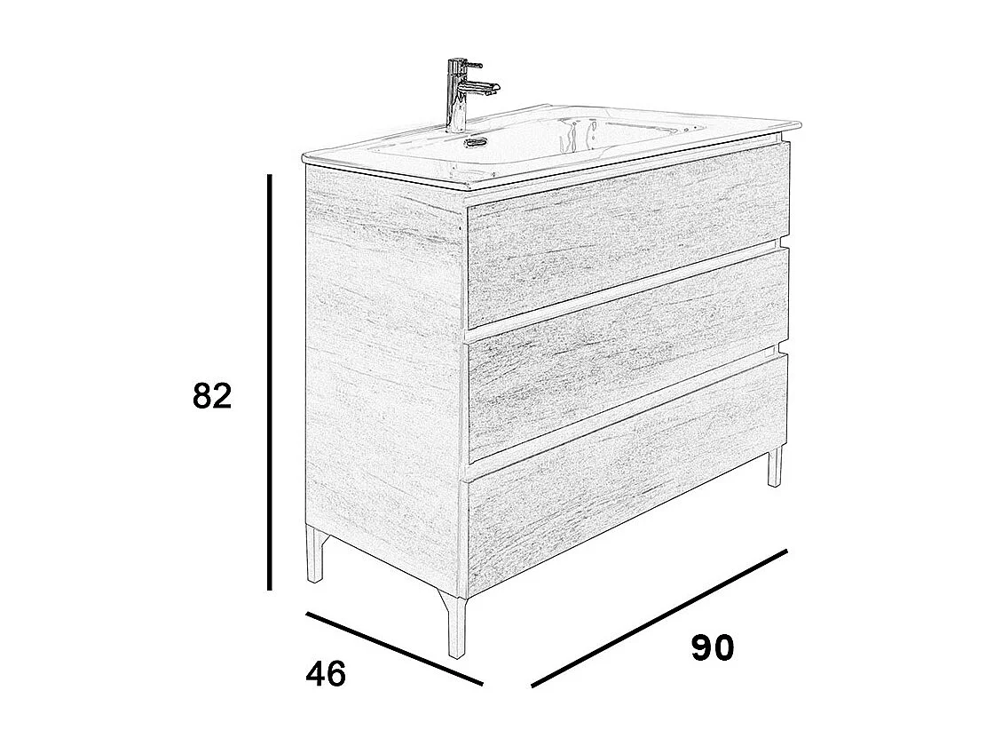 Mobile bagno a terra 90 cm in legno color rovere americano con lavabo,specchio e led I Made in Italy