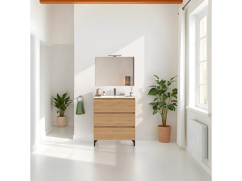 Mobile bagno a terra 90 cm in legno color rovere americano con lavabo,specchio e led I Made in Italy