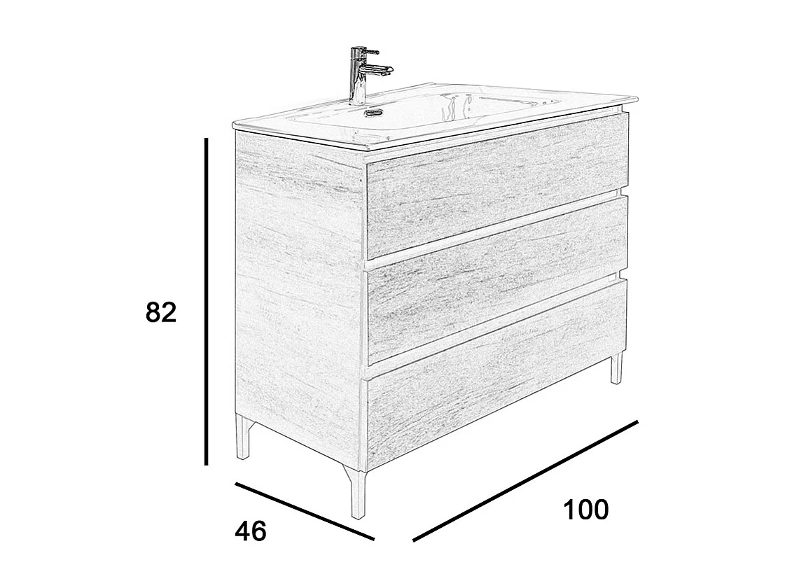 Mobile bagno a terra 100 cm in legno color rovere americano con lavabo,specchio e led I Made in Italy