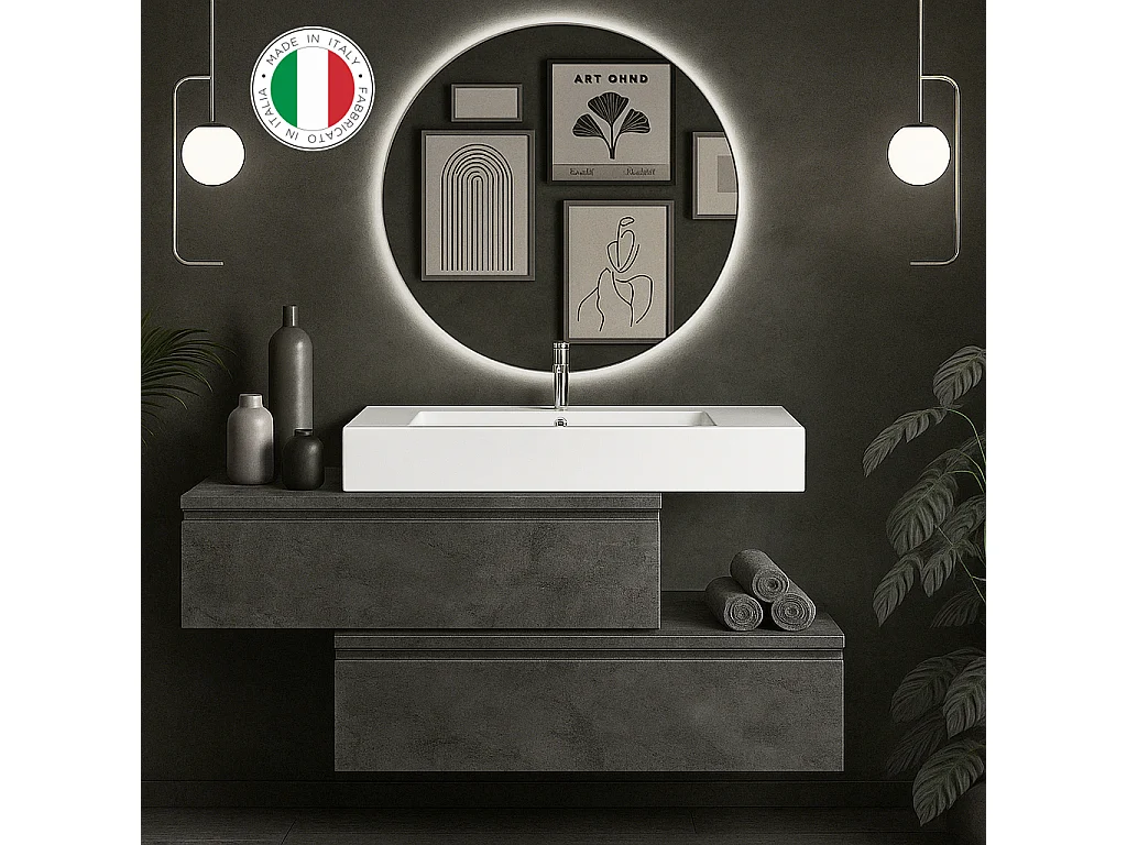 Mobile bagno sospeso sfalsato 120 cm in legno color Cemento Scuro con 2 cassettoni, con top lavabo specchio e faretto a led I Made in Italy-bagnhome