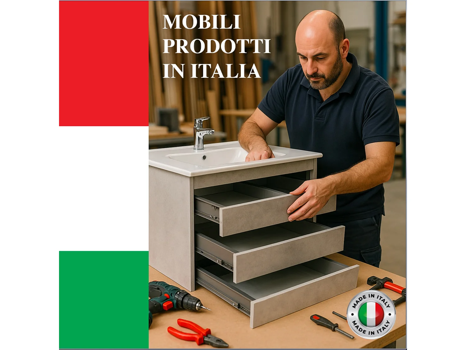 Mobile bagno sospeso sfalsato 120 cm in legno color Cemento Scuro con 2 cassettoni, con top lavabo specchio e faretto a led I Made in Italy-bagnhome