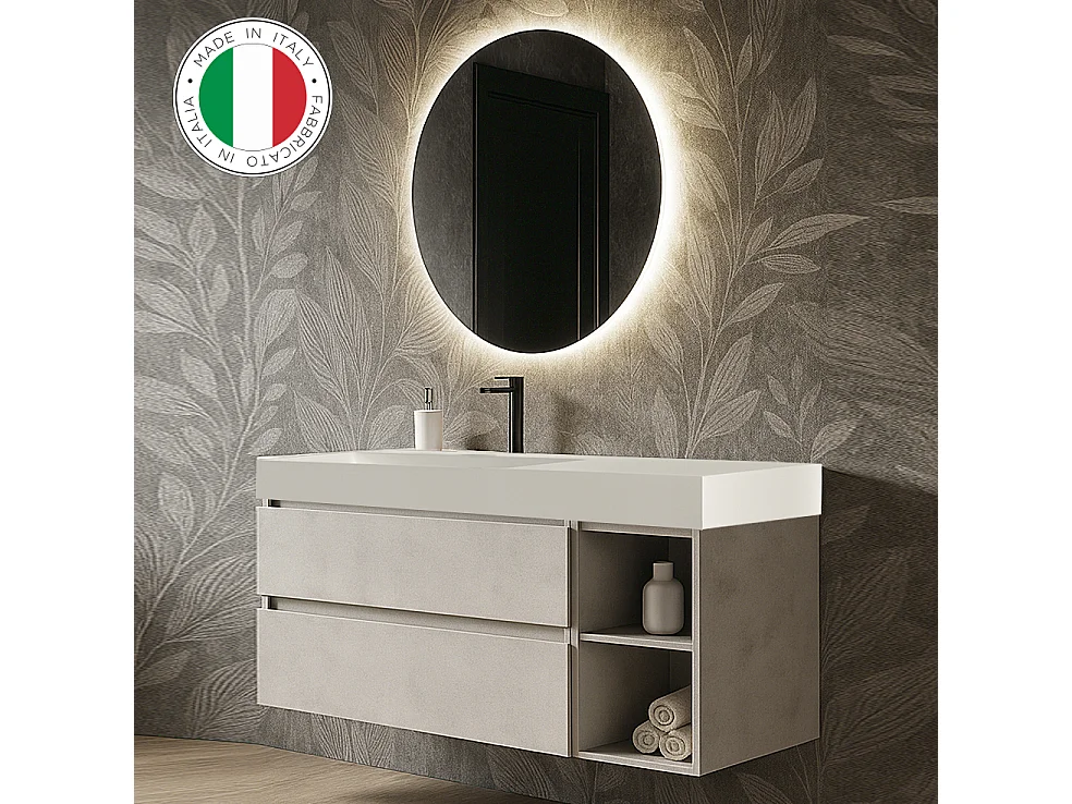Mobile bagno sospeso 120 cm  in legno color cashmere con top lavabo e vasca a sinistra, specchio e faretto a led I Made in Italy