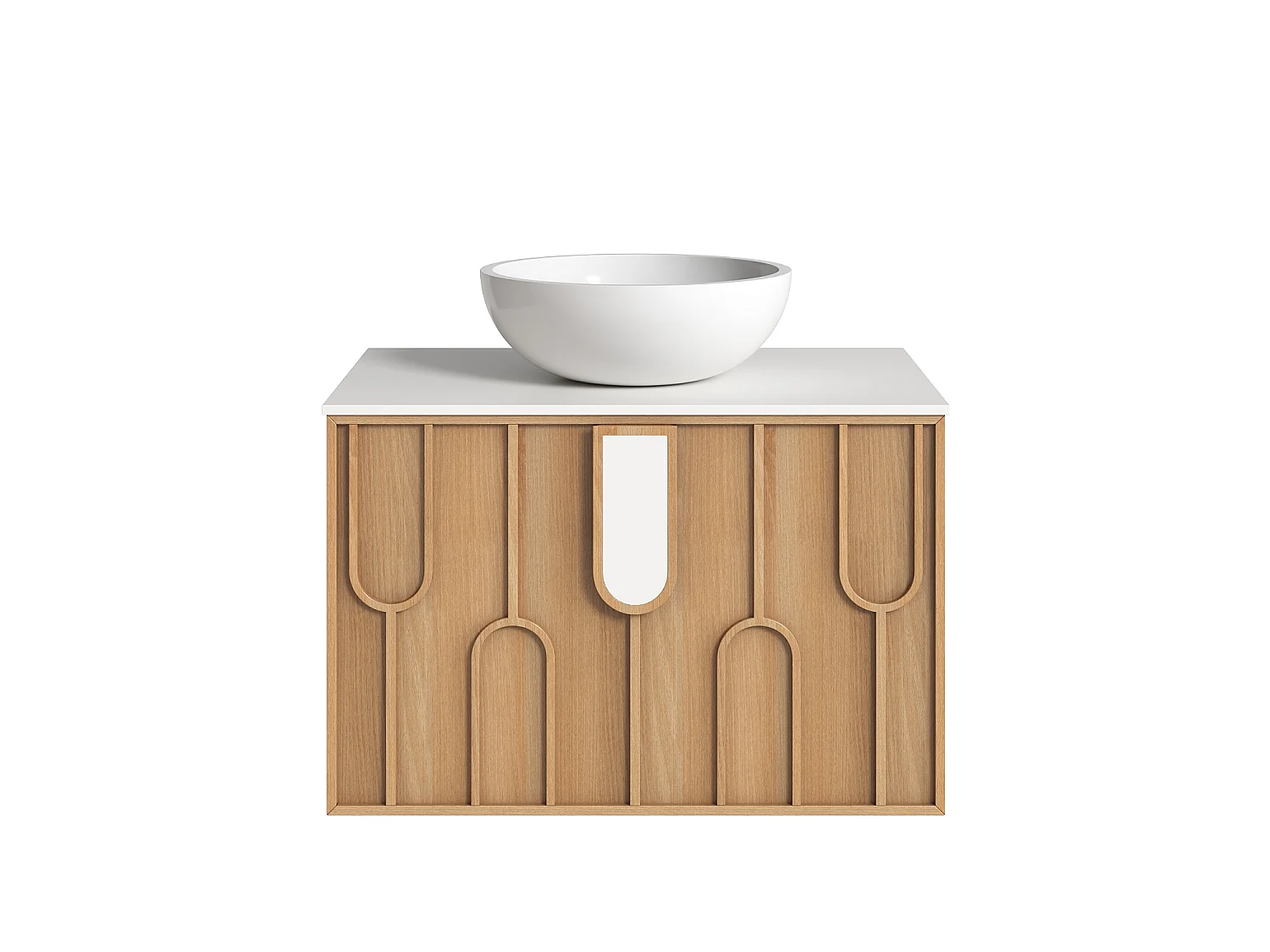 Meuble de salle de bain texturé suspendu avec vasque à poser ronde en solid surface - Naturel clair - L75 cm - MERKAN