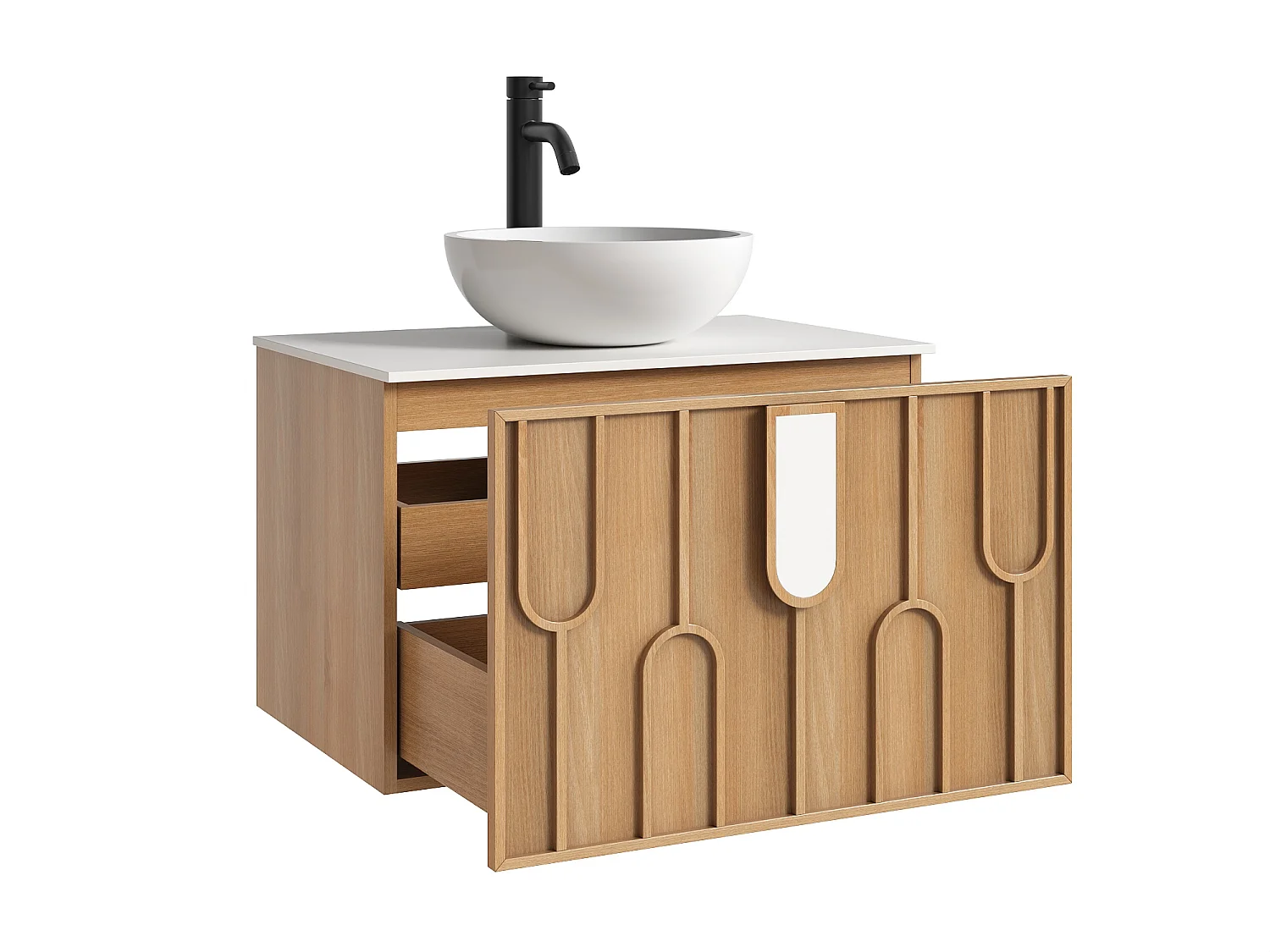 Meuble de salle de bain texturé suspendu avec vasque à poser ronde en solid surface et robinet - Naturel clair - L75 cm - MERKAN