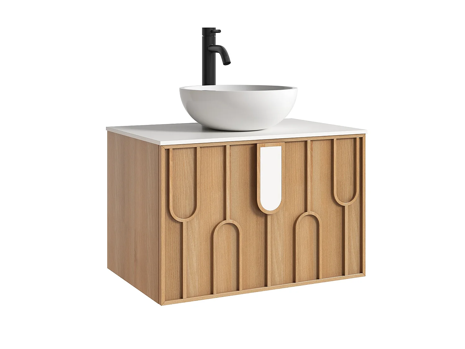 Meuble de salle de bain texturé suspendu avec vasque à poser ronde en solid surface et robinet - Naturel clair - L75 cm - MERKAN