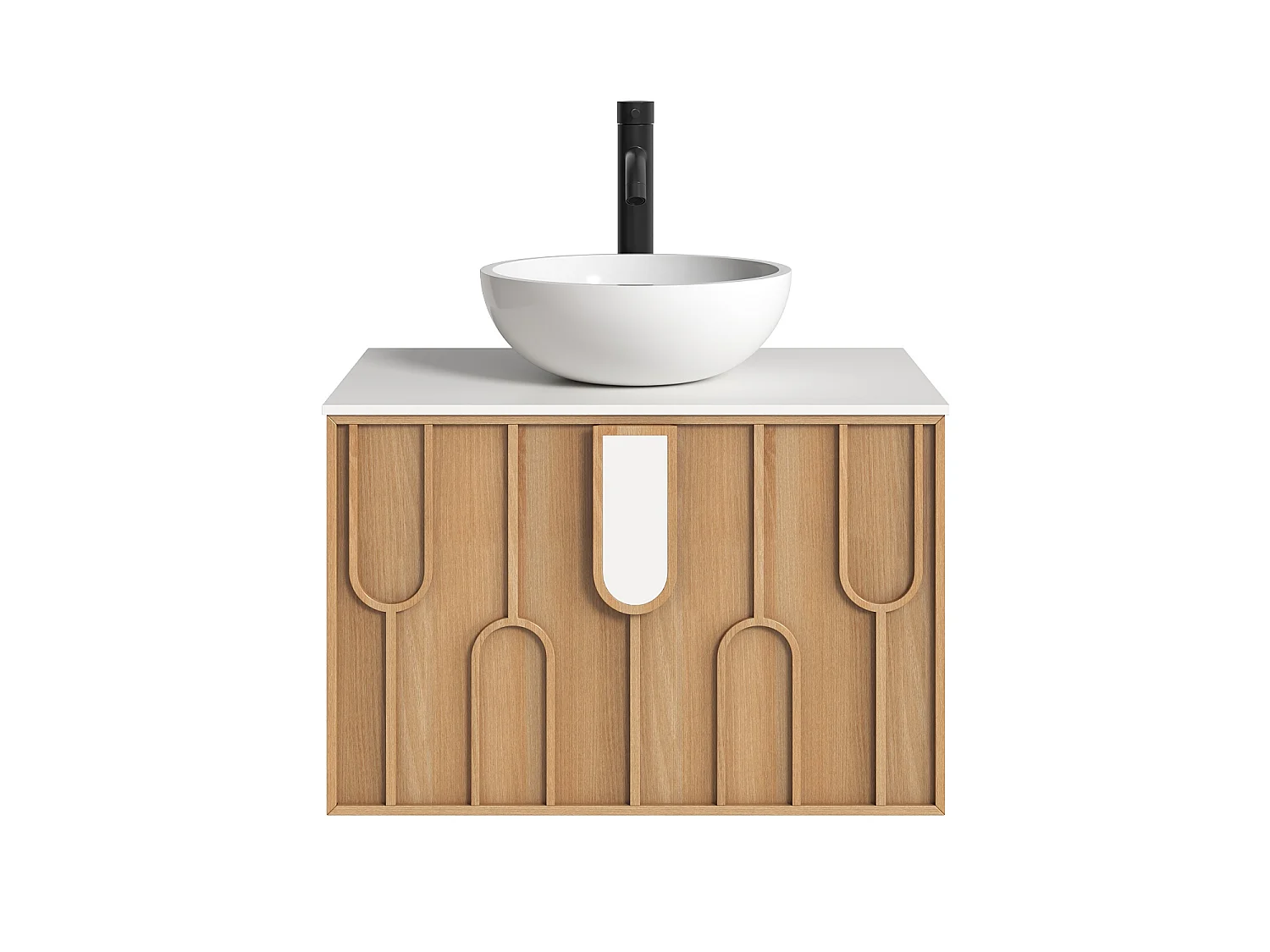 Meuble de salle de bain texturé suspendu avec vasque à poser ronde en solid surface et robinet - Naturel clair - L75 cm - MERKAN