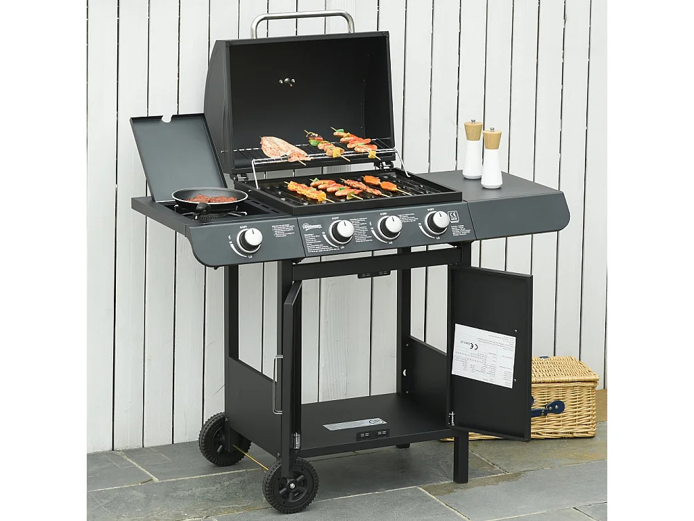 Barbecue à gaz avec 3 brûleurs principaux + 1 brûleur latéral étagère acier inoxydable