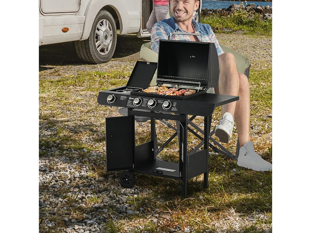 Barbecue à gaz avec 3 brûleurs principaux + 1 brûleur latéral étagère acier inoxydable