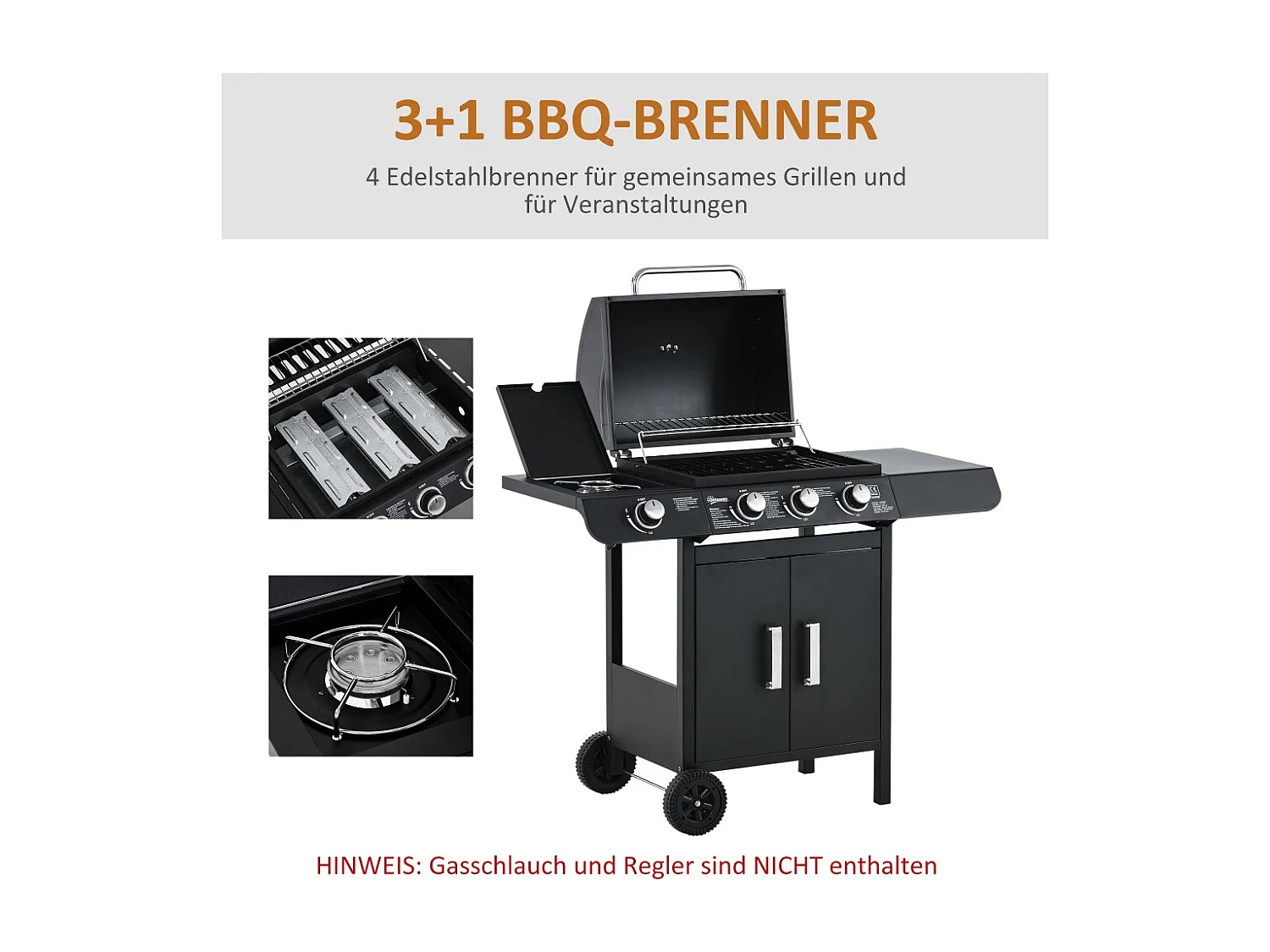 Barbecue à gaz avec 3 brûleurs principaux + 1 brûleur latéral étagère acier inoxydable