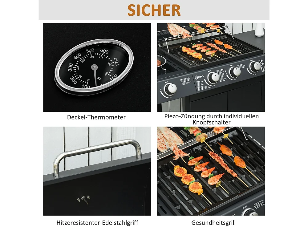 Barbecue à gaz avec 3 brûleurs principaux + 1 brûleur latéral étagère acier inoxydable