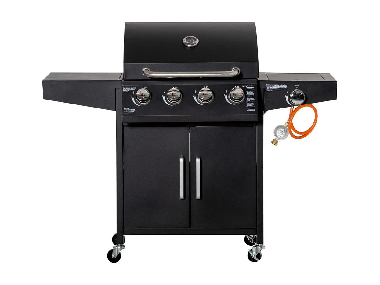 Barbecue au gaz avec 3 brûleurs de 3 kW chacun chariot mobile à 4 roues grille de cuisson métal noir