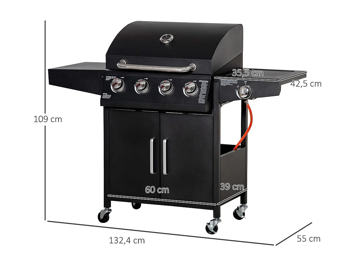 Barbecue au gaz avec 3 brûleurs de 3 kW chacun chariot mobile à 4 roues grille de cuisson métal noir