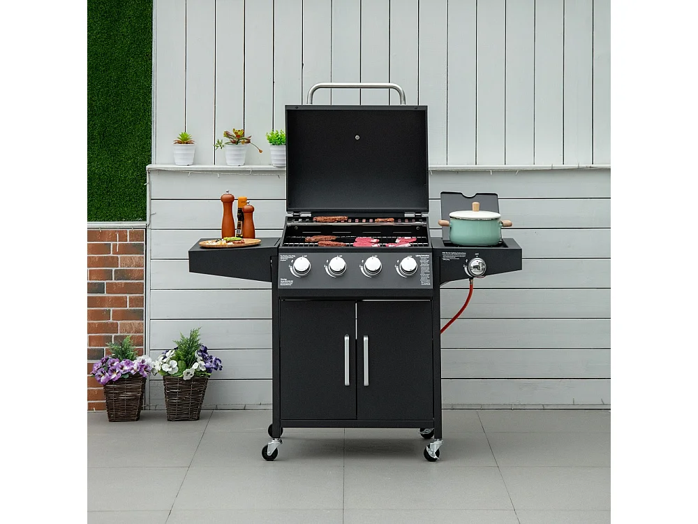Barbecue au gaz avec 3 brûleurs de 3 kW chacun chariot mobile à 4 roues grille de cuisson métal noir