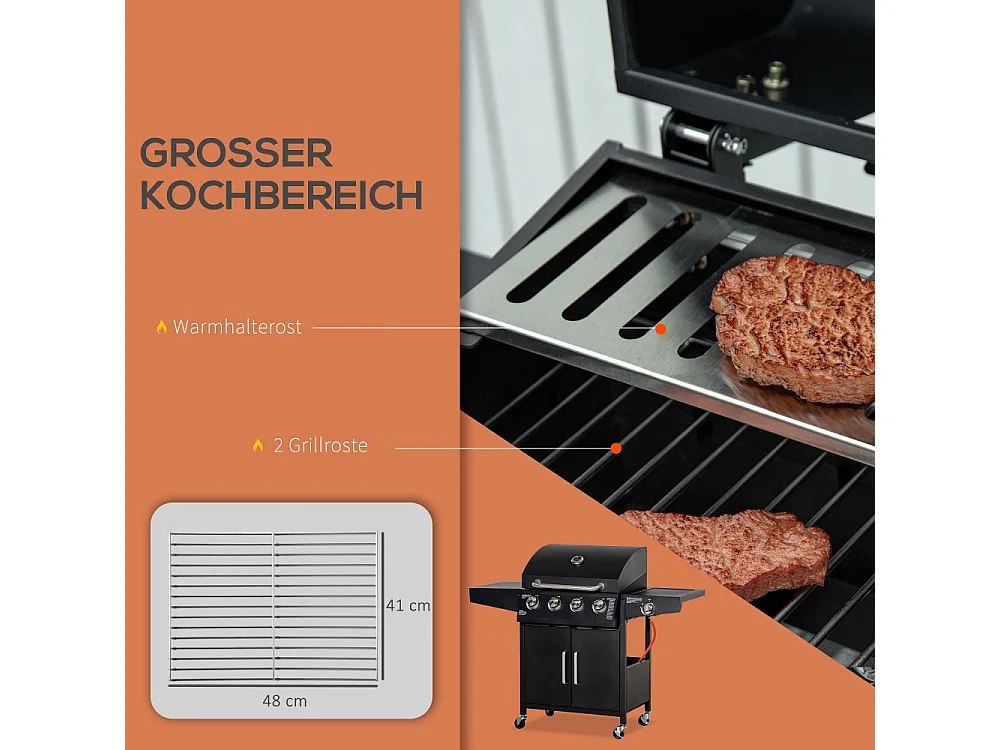 Barbecue au gaz avec 3 brûleurs de 3 kW chacun chariot mobile à 4 roues grille de cuisson métal noir