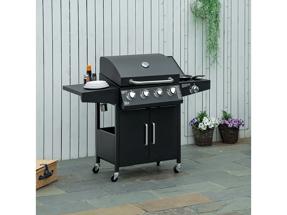 Barbecue au gaz avec 3 brûleurs de 3 kW chacun chariot mobile à 4 roues grille de cuisson métal noir