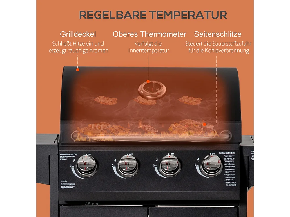 Barbecue au gaz avec 3 brûleurs de 3 kW chacun chariot mobile à 4 roues grille de cuisson métal noir