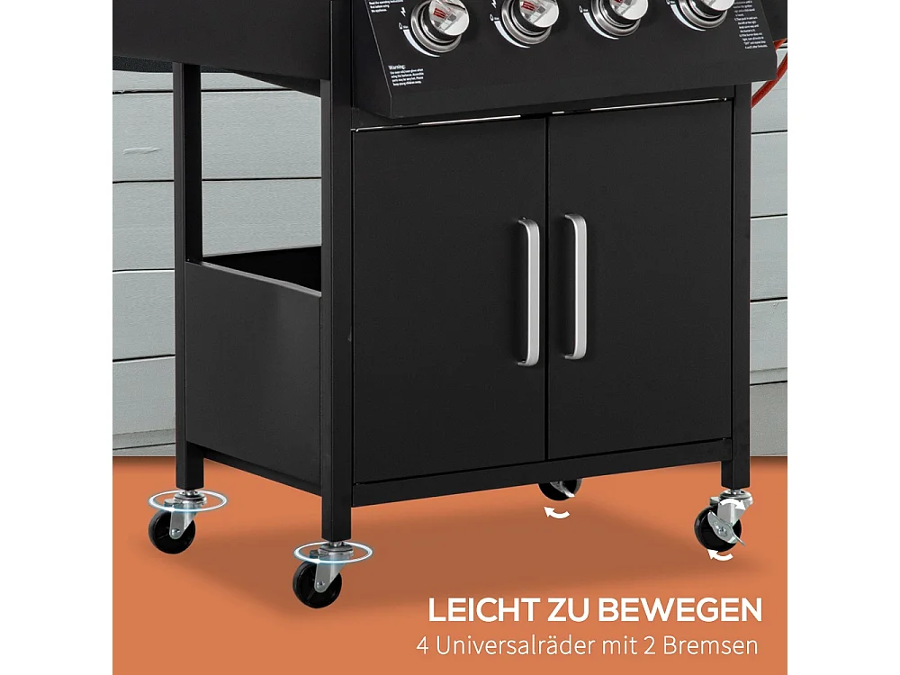 Barbecue au gaz avec 3 brûleurs de 3 kW chacun chariot mobile à 4 roues grille de cuisson métal noir