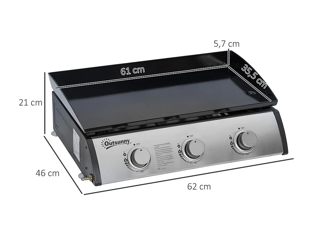 Plancha gaz en acier inoxydable 3 brûleurs 9 kW antiadhésive grande surface de grill
