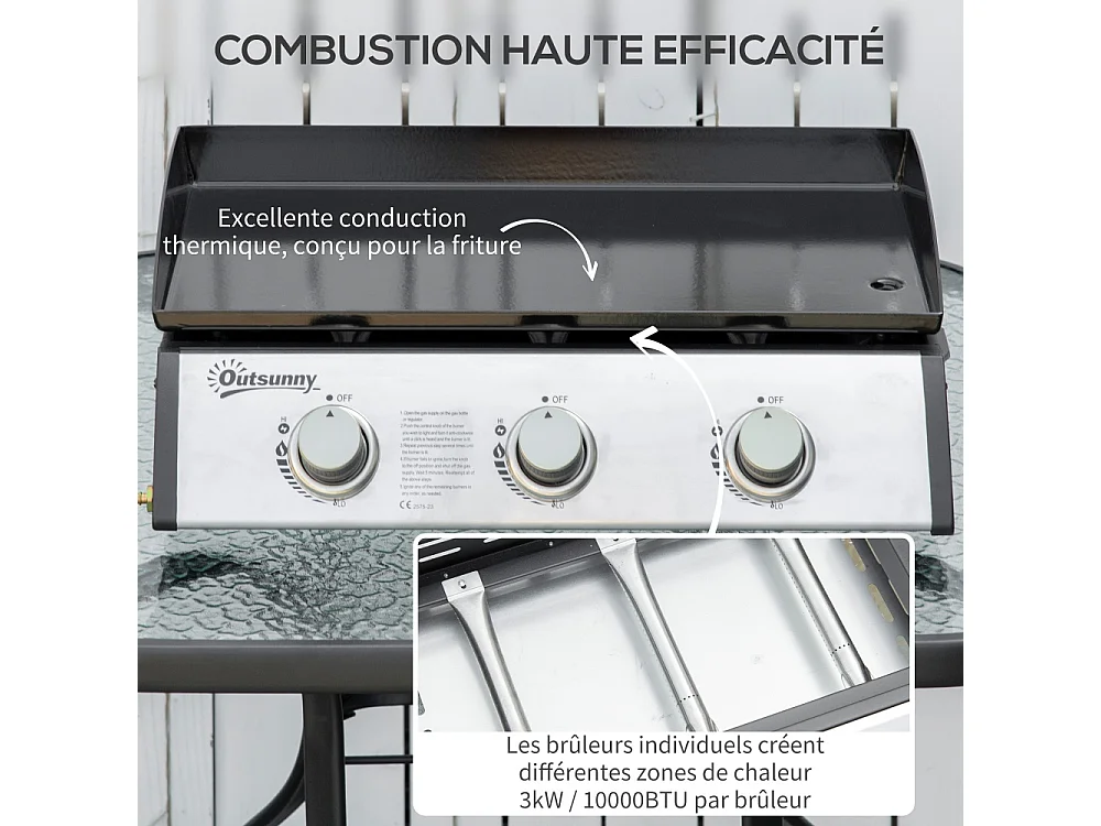 Plancha gaz en acier inoxydable 3 brûleurs 9 kW antiadhésive grande surface de grill