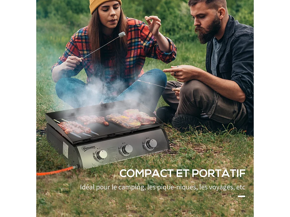 Plancha gaz en acier inoxydable 3 brûleurs 9 kW antiadhésive grande surface de grill