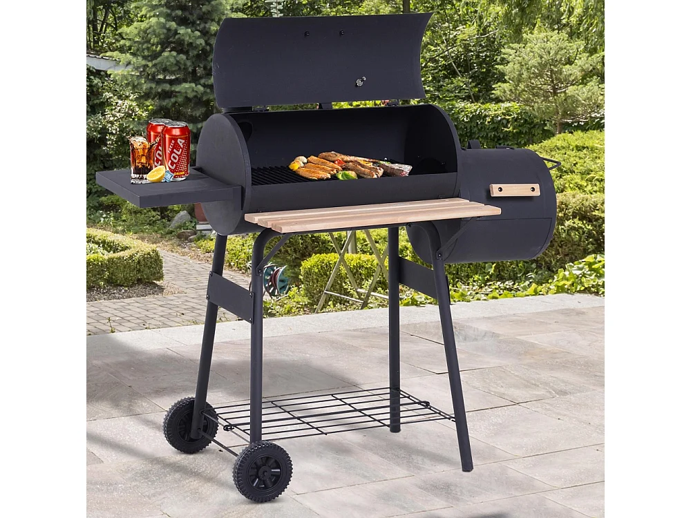 Barbecue à Charbon fumoir BBQ Grill Smoker sur Pied avec Couvercle roulettes thermomètre