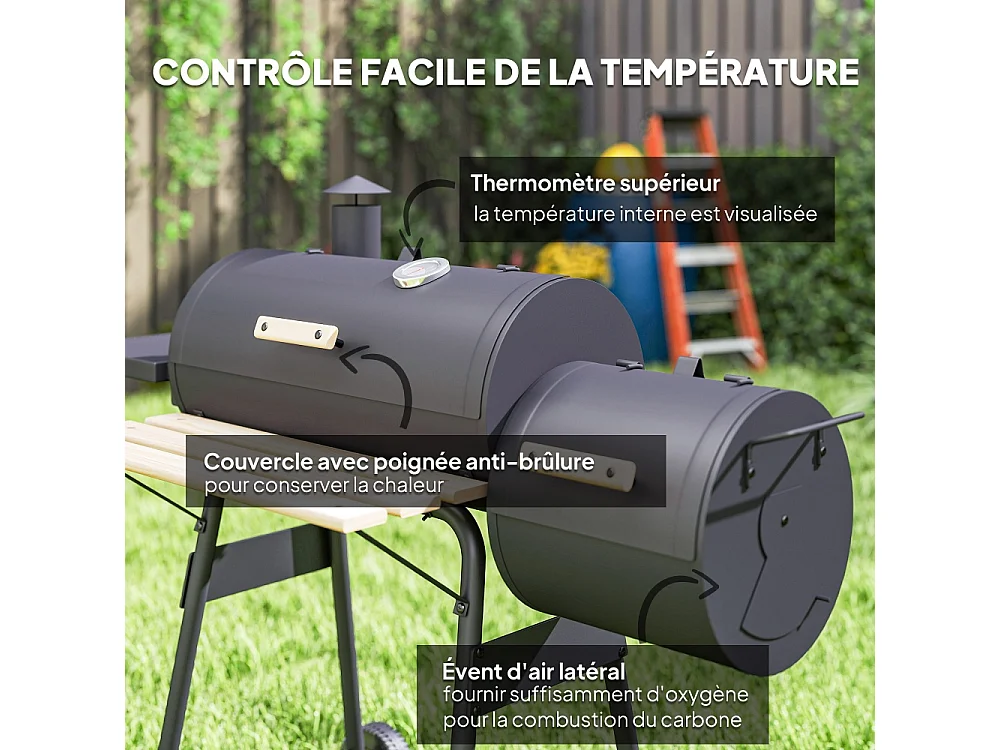 Barbecue à Charbon fumoir BBQ Grill Smoker sur Pied avec Couvercle roulettes thermomètre