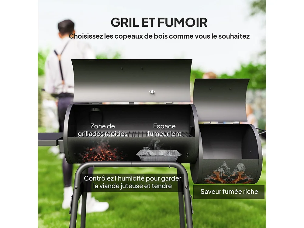 Barbecue à Charbon fumoir BBQ Grill Smoker sur Pied avec Couvercle roulettes thermomètre