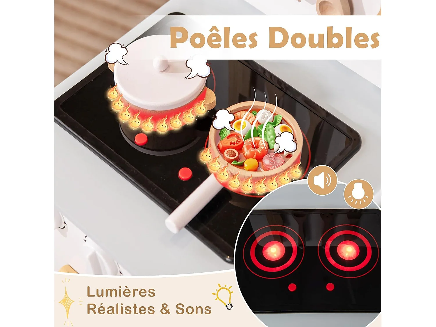 Cuisine Enfant en Bois Blanche avec Lumières, Sons Réalistes, Évier Amovible et 10 Accessoires, Jeu de Rôle pour Enfants 3+ Ans