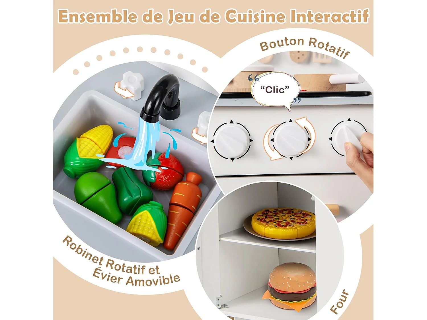 Cuisine Enfant en Bois Blanche avec Lumières, Sons Réalistes, Évier Amovible et 10 Accessoires, Jeu de Rôle pour Enfants 3+ Ans