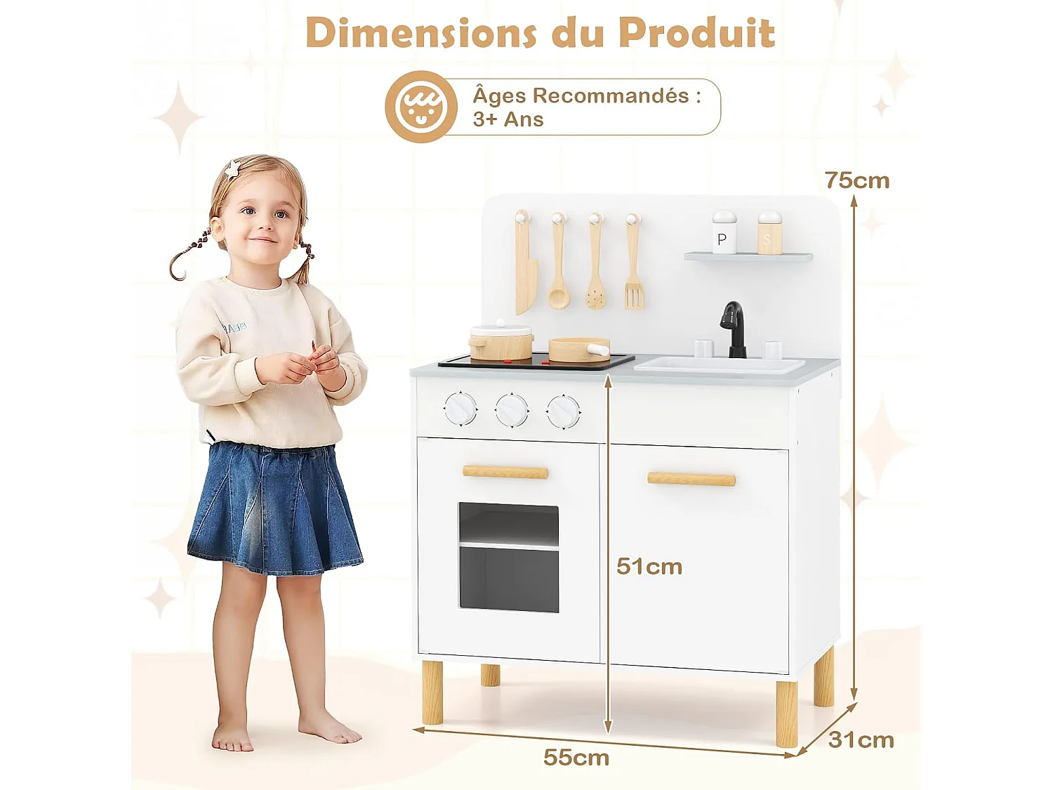 Cuisine Enfant en Bois Blanche avec Lumières, Sons Réalistes, Évier Amovible et 10 Accessoires, Jeu de Rôle pour Enfants 3+ Ans