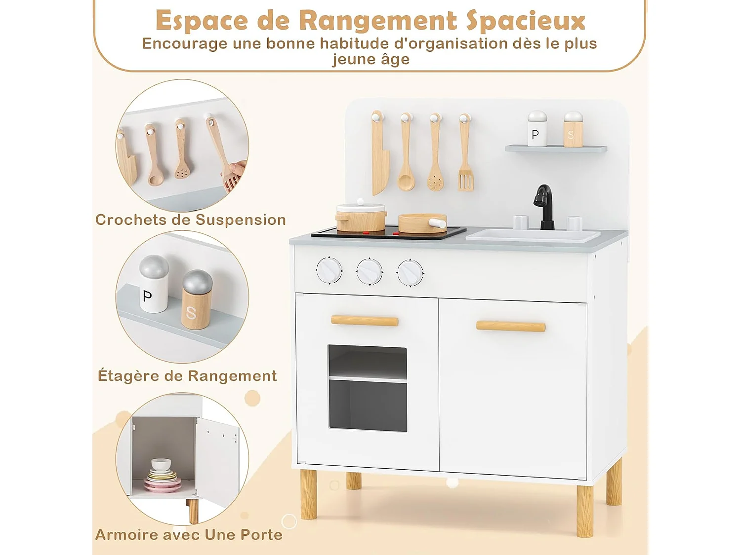 Cuisine Enfant en Bois Blanche avec Lumières, Sons Réalistes, Évier Amovible et 10 Accessoires, Jeu de Rôle pour Enfants 3+ Ans