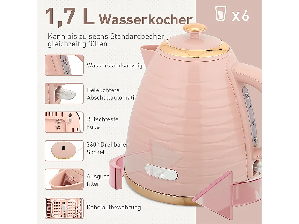 Set de grille-pain et bouilloire 2 en 1 1,7 L 4 tranches de toast simultanément Rose