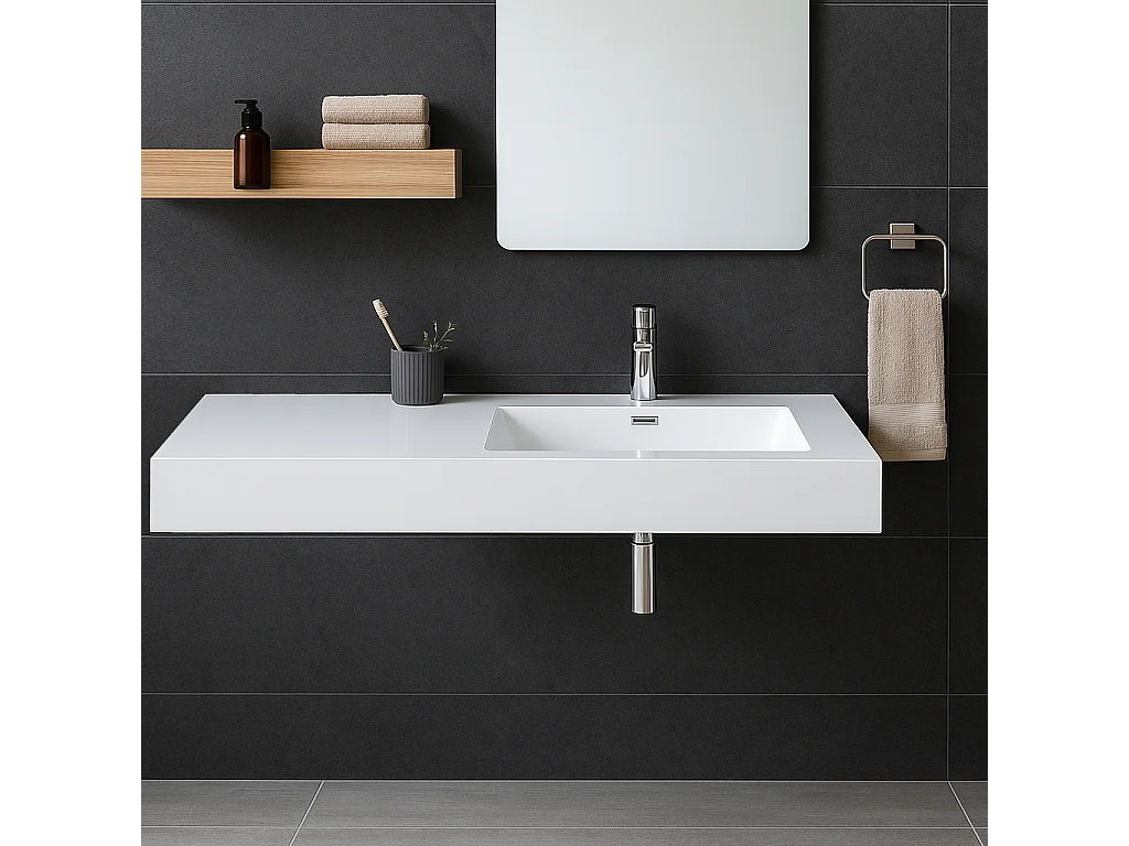 Lavabo sospeso 120 cm bianco lucido in resina con vasca a destra