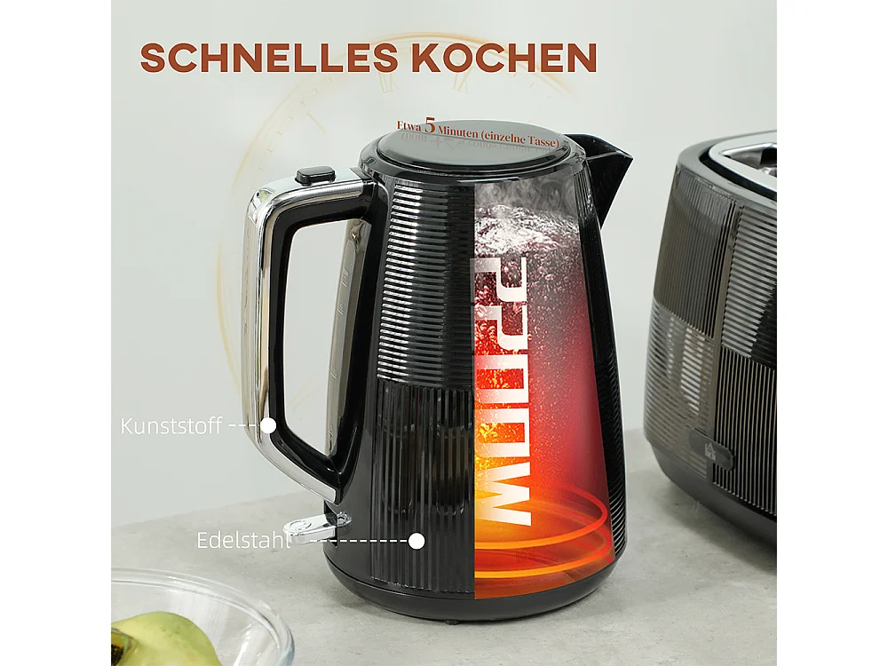 Set de grille-pain et bouilloire de 1,7 L avec 6 niveaux de brunissage Noir