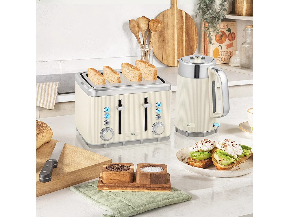 Set de grille-pain et bouilloire de 1,7 L 2200W filtre anticalcaire  4 tranches avec 7 niveaux de brunissage crème blanc