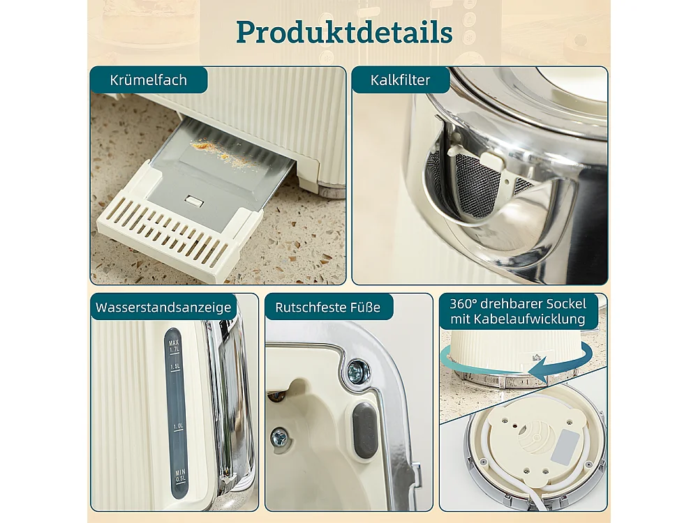 Set de grille-pain et bouilloire de 1,7 L 2200W filtre anticalcaire  4 tranches avec 7 niveaux de brunissage crème blanc