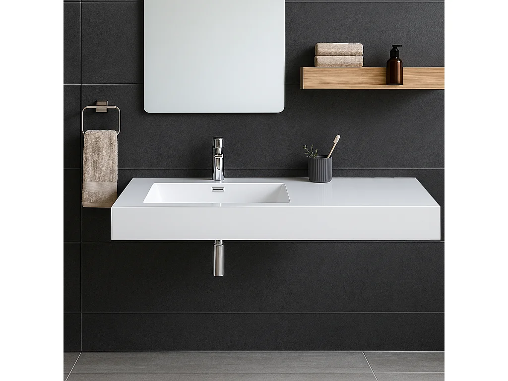 Lavabo sospeso 120 cm bianco lucido in resina con vasca a sinistra