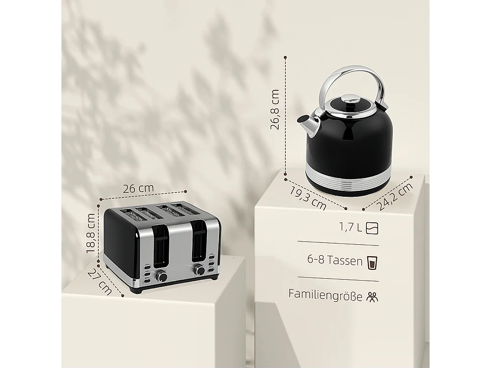 Grille-pain Ensemble bouilloire en acier inoxydable 1,7 L et 2200 W et grille-pain à 4 tranches Noir