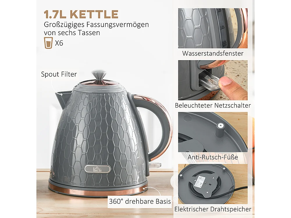 Set de grille-pain et bouilloire 2 en 1 1,7 L 4 tranches de toast simultanément gris