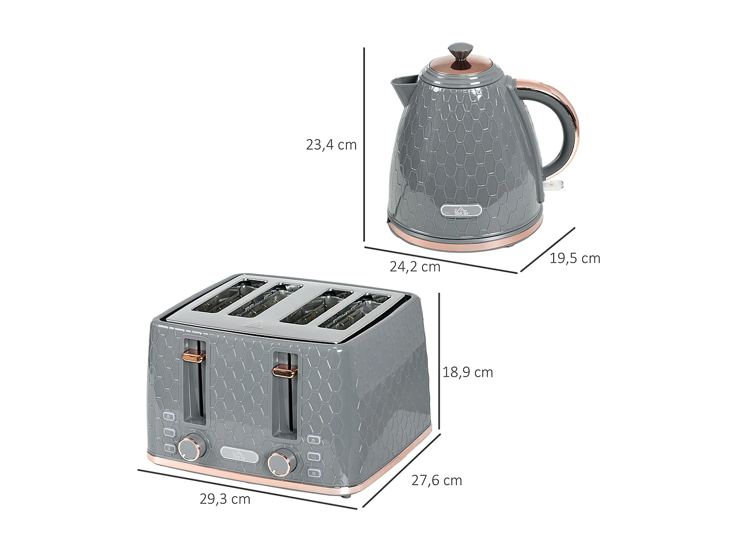 Set de grille-pain et bouilloire 2 en 1 1,7 L 4 tranches de toast simultanément gris