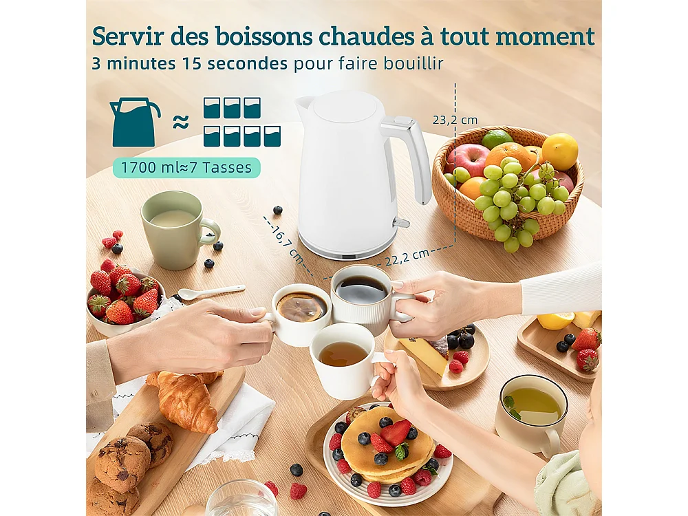 Set de grille-pain et bouilloire en acier 1,7 L et 2200 W et grille-pain à 2 tranches blanc
