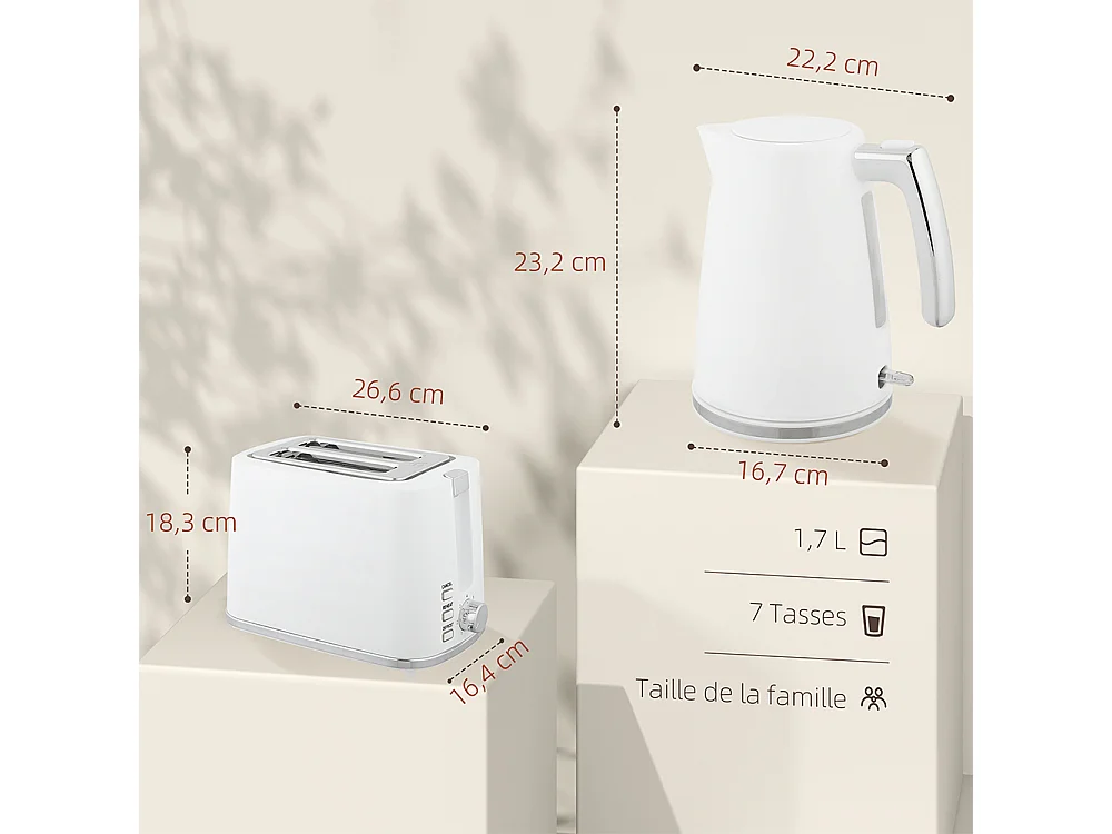Set de grille-pain et bouilloire en acier 1,7 L et 2200 W et grille-pain à 2 tranches blanc
