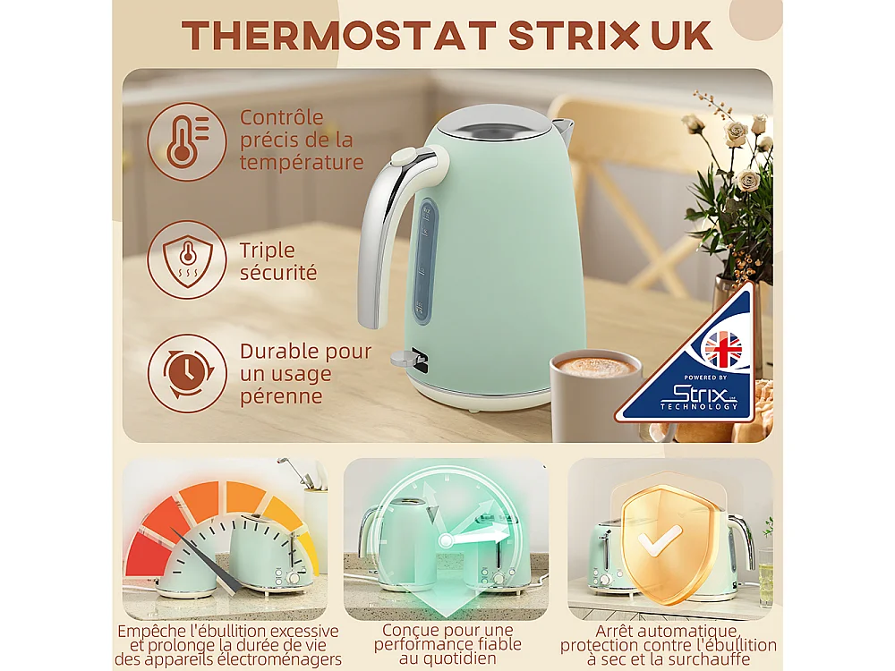 Grille-pain Ensemble bouilloire en acier inoxydable 1,7 L et 2200 W et grille-pain à 2 tranches Vert