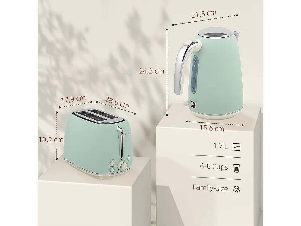 Grille-pain Ensemble bouilloire en acier inoxydable 1,7 L et 2200 W et grille-pain à 2 tranches Vert