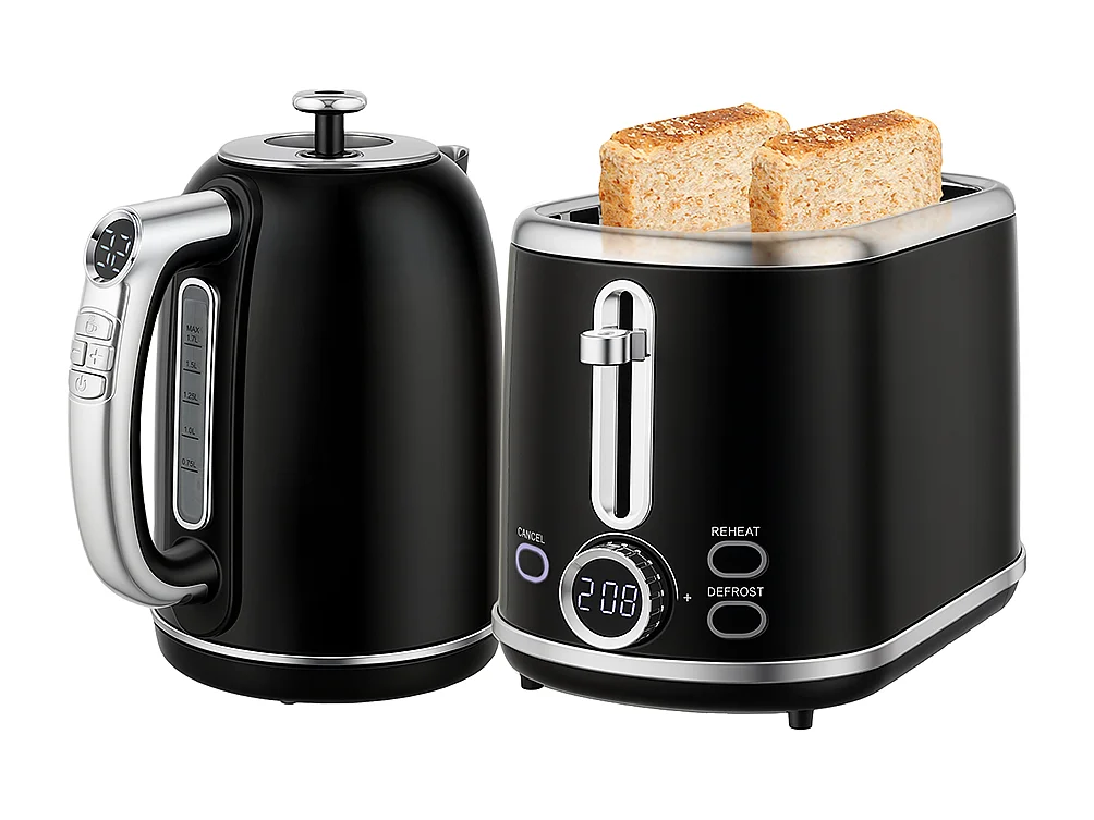 Grille-pain Ensemble bouilloire en acier inoxydable 1,7 L et 2200 W et grille-pain à 2 tranches Noir