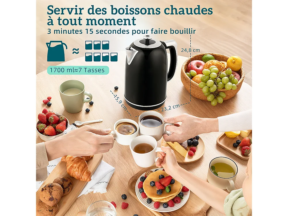 Grille-pain Ensemble bouilloire en acier inoxydable 1,7 L et 2200 W et grille-pain à 2 tranches Noir